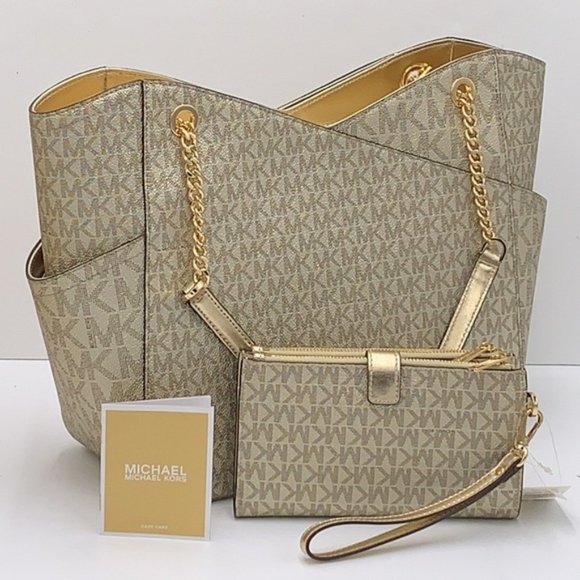 Michael Kors Large X Chain Sholder Tote & Large Double Zip Wallet Pale Gold - Picture 5 of 16